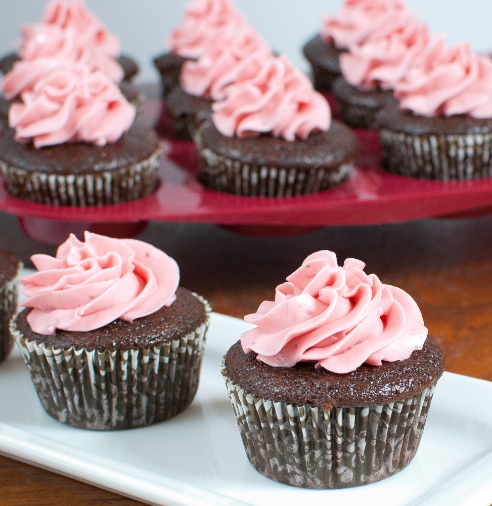 Chocolate Cupcakes with Strawberry Swiss Meringue Buttercream
